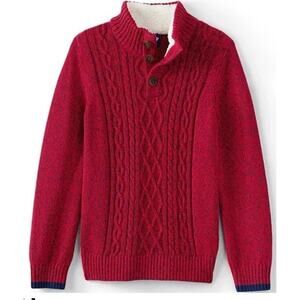 Lands' End Boys Cable Button Mock Neck Sweater 18/20 Red Classic Holiday